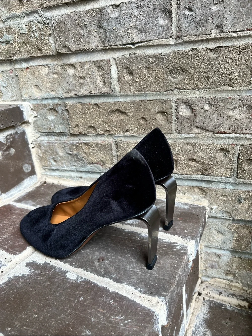 Robert Clergerie Black Velvet Pumps with Sculptural Metallic Heels